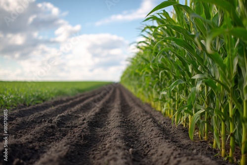 Cornfield Under a Blue Sky With Clouds Beside Freshly Plowed Soil