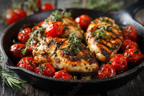 Grilled Chicken Breasts With Cherry Tomatoes and Fresh Herbs in a Skillet