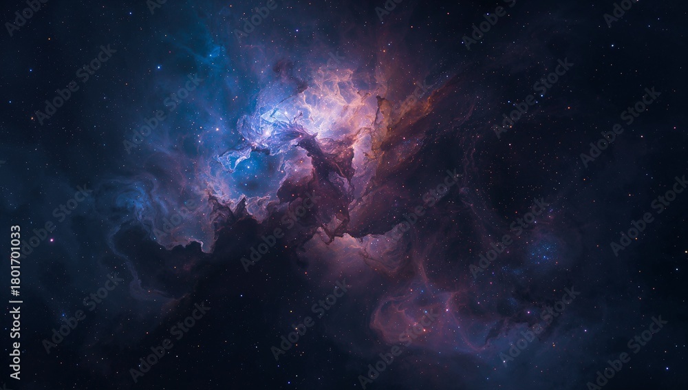 Fototapeta premium Vibrant Cosmic Nebula with Swirling Gas Clouds and Distant Stars Illuminating the Deep Expanse of the Universe, a Stellar Nursery