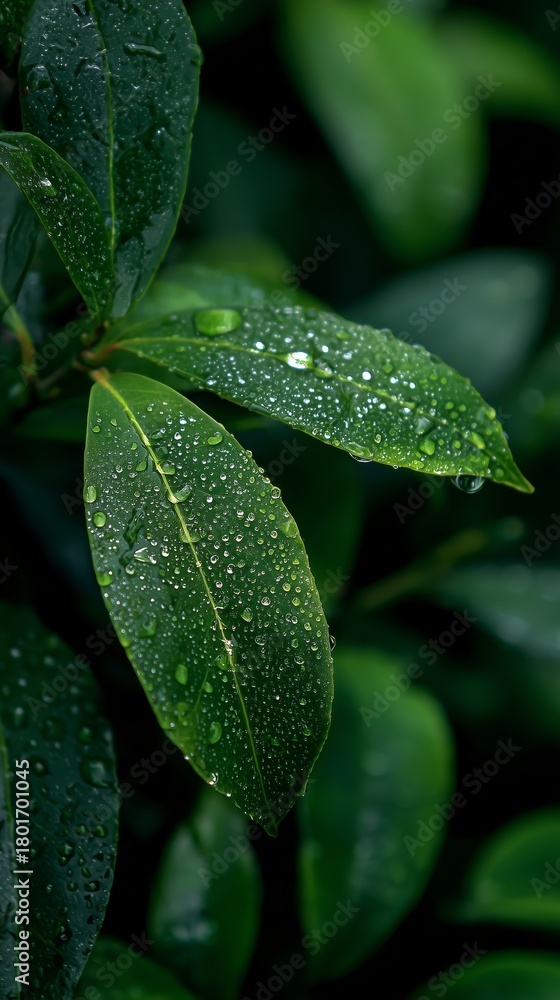 Fototapeta premium Green Leaves Glistening With Raindrops in a Lush Garden During Early Morning