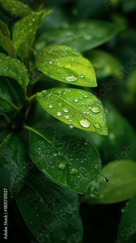 Close-up View of Vibrant Green Leaves With Water Droplets After Rain