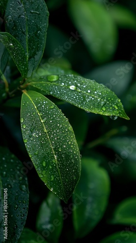 Green Leaves Glistening With Raindrops in a Lush Garden During Early Morning