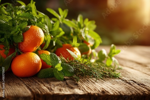 Fresh Oranges and Herbs Arranged on a Rustic Wooden Table at Sunset