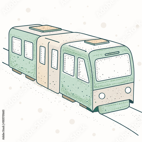 Vintage train illustration in green and beige colors on tracks  