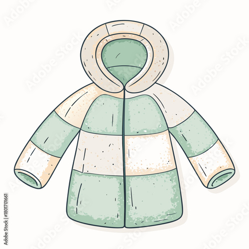 Colorful winter coat with hood and striped pattern on white background  