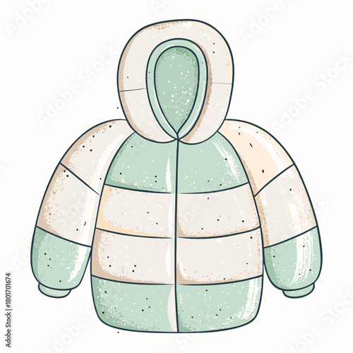 Colorful winter coat with hood in pastel green and cream stripes  