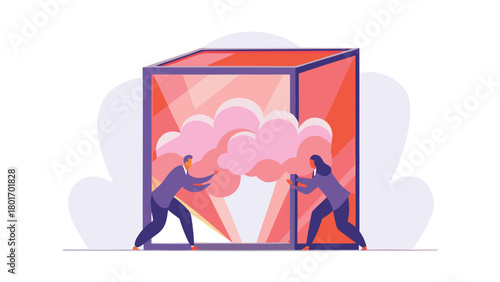 Two business professionals collaborating to move a large transparent object symbolizing teamwork and overcoming challenges in a corporate setting