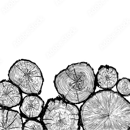 Black and white vector illustration of tree logs cross section for lumber industry and forestry concept art