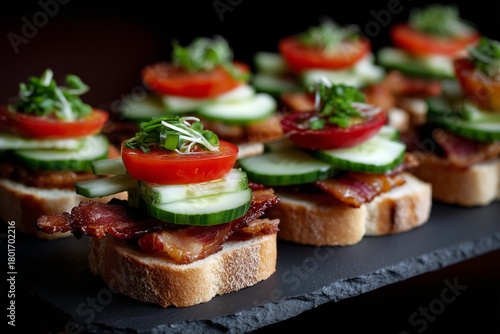 Delicious Open-Faced Sandwiches With Bacon, Cucumber, and Tomato on Dark Bread
