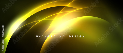 Abstract golden lines create dynamic curves, radiating light. Dark background emphasizes bright, flowing shapes. Text reads background design.