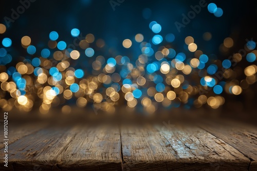 Bright Bokeh Lights Create a Festive Atmosphere Over a Wooden Surface