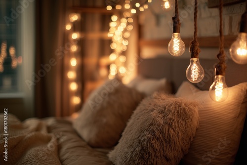 Cozy Bedroom With Soft Lighting and Decorative Pillows Creates a Relaxing Atm...