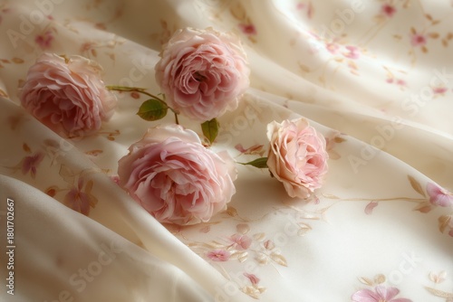 Soft Pink Roses Placed Delicately on a Light Floral Fabric Backdrop, Creating...