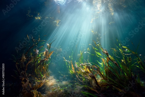 Underwater Scenery With Sunlight Filtering Through Kelp Forest at Midday