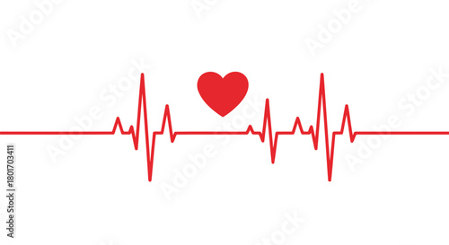 Red heartbeat ekg line with a small red heart symbol in the center on a white background