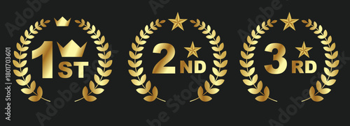 Golden laurel wreaths with numbers and text, representing first, second, and third place awards.