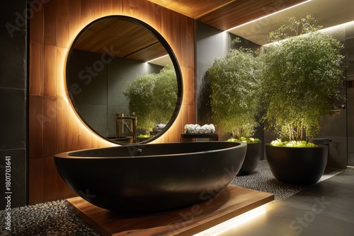 Relaxing Spa Interior With Modern Design Featuring a Round Mirror and Elegant...