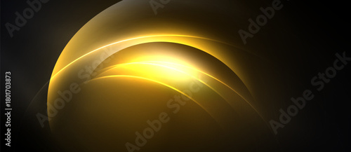 Abstract golden curves radiate light. Dark background emphasizes bright, smooth shapes. Elegant design evokes warmth, energy.