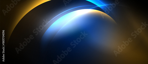 Abstract composition featuring curved lines, vibrant blues, golds. Soft gradients create luminous effect, dark background emphasizes shapes.