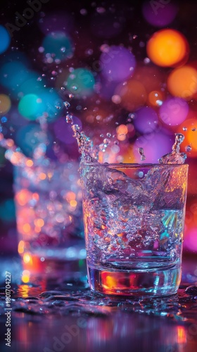 Colorful Cocktails Splash in Glasses During a Lively Party Setting at Night