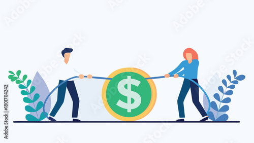 Dynamic illustration of two determined teams locked in a fierce tug of war battle showcasing strength and competition with a prominent money bag as the prize