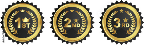 Gold, black, and white 1st, 2nd, and 3rd place award badges with laurel wreaths.