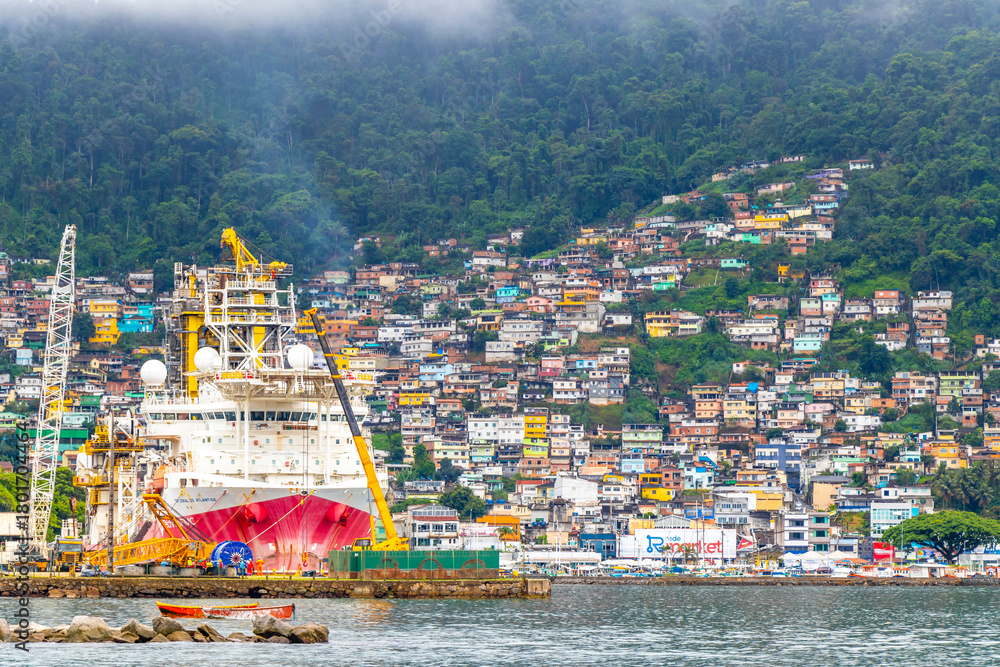 Obraz premium Pier port harbor ships yachts boats Angra dos Reis Brazil.