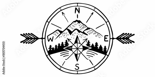 Illustration of a compass with mountains trees and arrows pointing in cardinal directions drawn in black