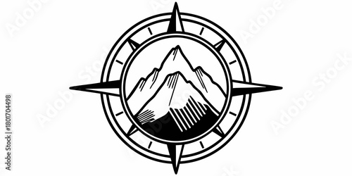 Black and white compass with mountain range inside a circle with directional indicators around it