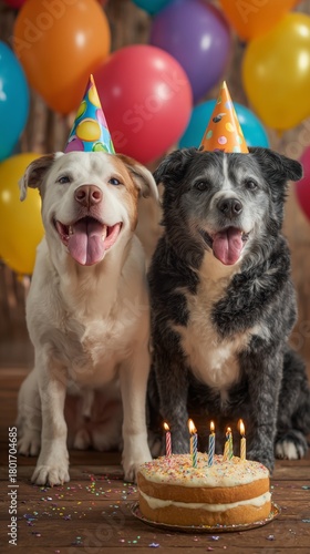 Two Happy Dogs Celebrate a Birthday With Colorful Party Hats and a Cake Surro...
