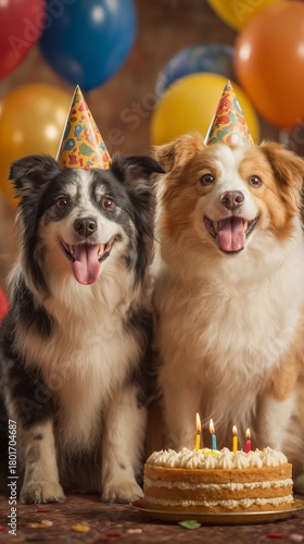 Two Happy Dogs Celebrate a Birthday With Colorful Party Hats and a Cake Surro...
