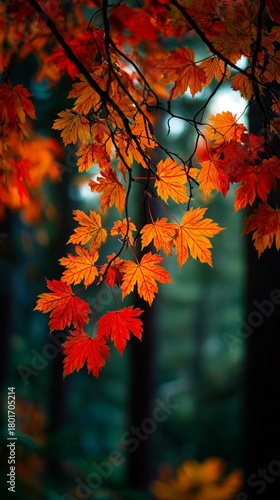 Beautiful Autumn Leaves Contrast Against a Misty Forest Background During a C...