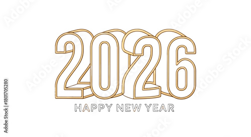 Celebrate 2026 Happy New Year with golden 3D numbers, perfect for holiday greetings, festive banners, and social media posts, ushering in joy and prosperity