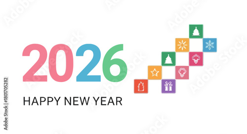 Celebrate 2026 with colorful New Year cheer, festive icons, and joyful anticipation for a bright future, perfect for holiday greetings and seasonal marketing