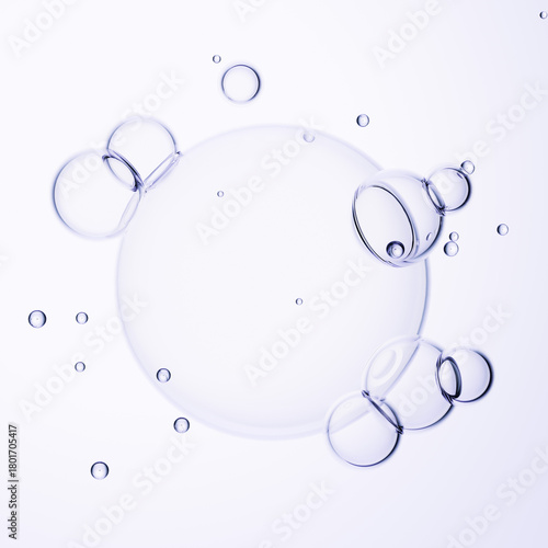 Delicate floating soap bubbles frame patter on light background, airy minimal abstract design for cosmetic cleanser, shampoo or spa advertising, glossy liquid texture, 3d illustration