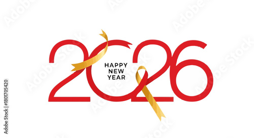 Celebrate 2026 with this festive Happy New Year design featuring elegant red numbers and golden ribbon accents, perfect for social media and invitations