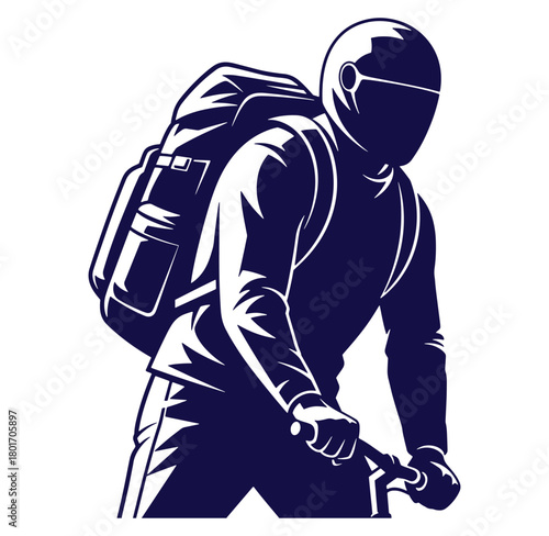 Modern courier delivering packages on a scooter with large backpack for fast delivery