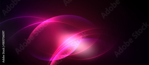 Abstract pink glowing lines overlap dark background. Smooth curves create dynamic visual effect. Brightness contrasts with shadows.