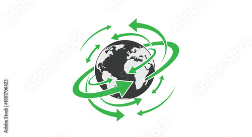 Green arrows circling a stylized globe representing global recycling and environmental protection concepts
