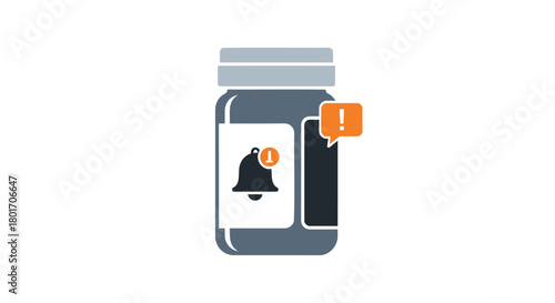 Illustration of a dark glass bottle with a white label featuring a bell and an exclamation mark notification icon