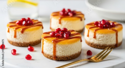 Wallpaper Mural Four individual cheesecakes are presented on a white surface, each topped with a vibrant jelly glaze and fresh pomegranate seeds, drizzled with caramel sauce, creating an elegant dessert presentation Torontodigital.ca