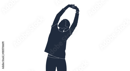 Silhouette of a person stretching their arms overhead in a dynamic pose against a white background