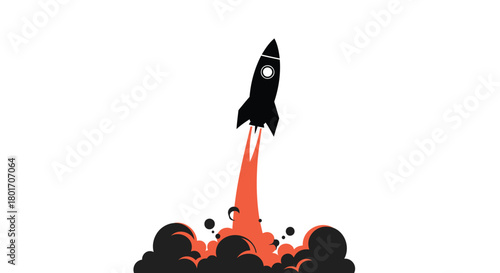 Silhouette of a black rocket launching into the sky with bright orange flames and smoke against a white background