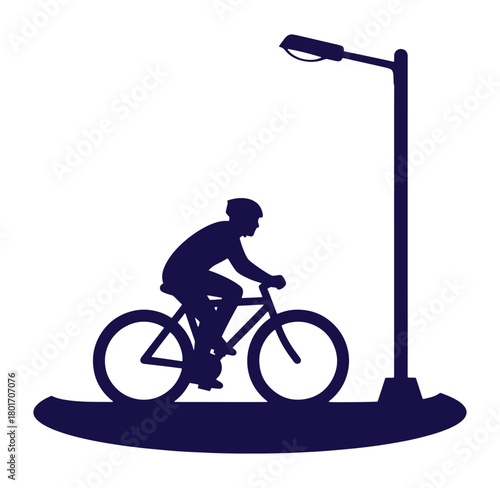 Silhouette of a cyclist riding bicycle under streetlight vector illustration design element