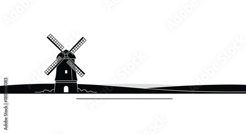 Classic dutch windmill silhouette standing tall against a stark white background with a dark landscape below