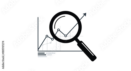 Magnifying glass examining a rising graph with an upward arrow symbolizing growth and analysis