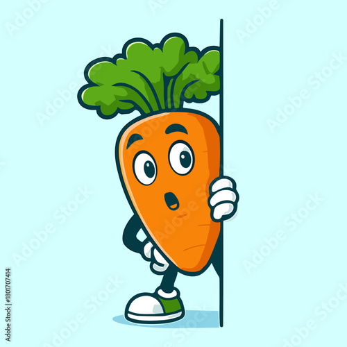 Surprised carrot mascot peeps from a panel.