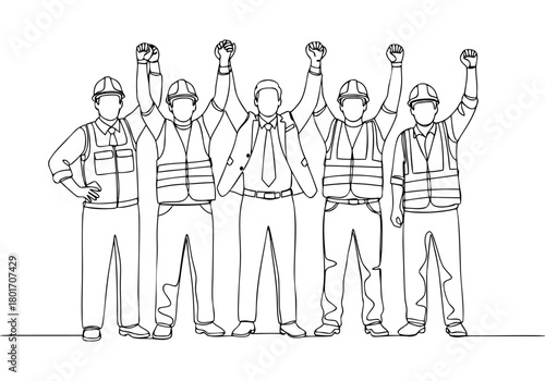 Single continuous line drawing of diverse construction workers with hardhats celebrating team success