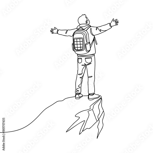 Continuous line drawing of a triumphant adventurer on a cliff edge, arms wide, embracing freedom and success