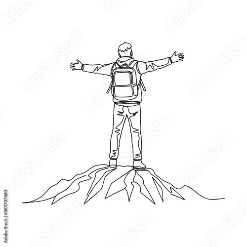 Continuous line drawing of a joyful backpacker standing on a mountain peak with outstretched arms, celebrating a triumphant achievement